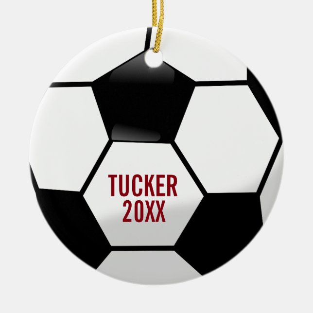 Personligfotbollboll med lagnamn och numrerar julgransprydnad keramik (Framsidan)