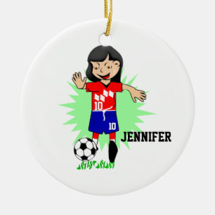 Personligfotbollflicka som leker prydnaden julgransprydnad keramik