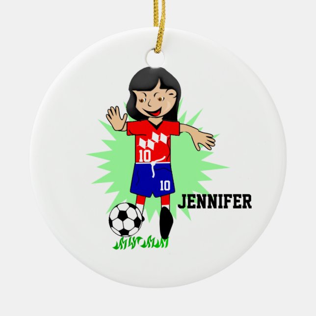 Personligfotbollflicka som leker prydnaden julgransprydnad keramik (Framsidan)