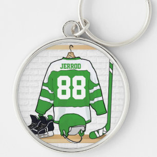 Personliggrönt- och vitishockey Jersey Rund Silverfärgad Nyckelring