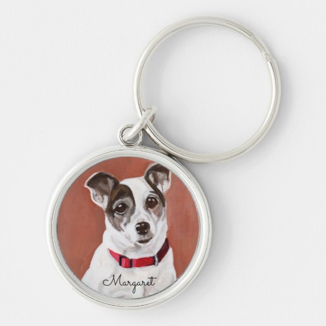 PersonligjackRussell Terrier Keychain Rund Silverfärgad Nyckelring (Framsidan)