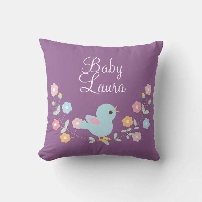 PersonligKawaii fågel och blommor Kudde (Framsida)