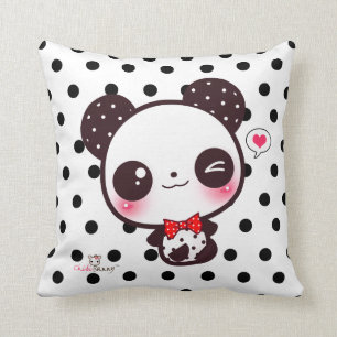 PersonligKawaii panda på svart polka dots Kudde