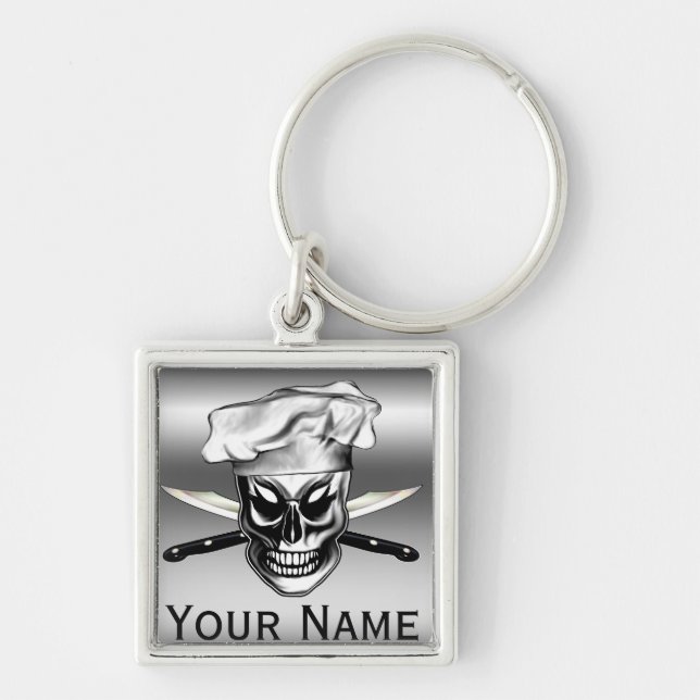 Personligkockskalle Keychain Fyrkantig Silverfärgad Nyckelring (Framsidan)