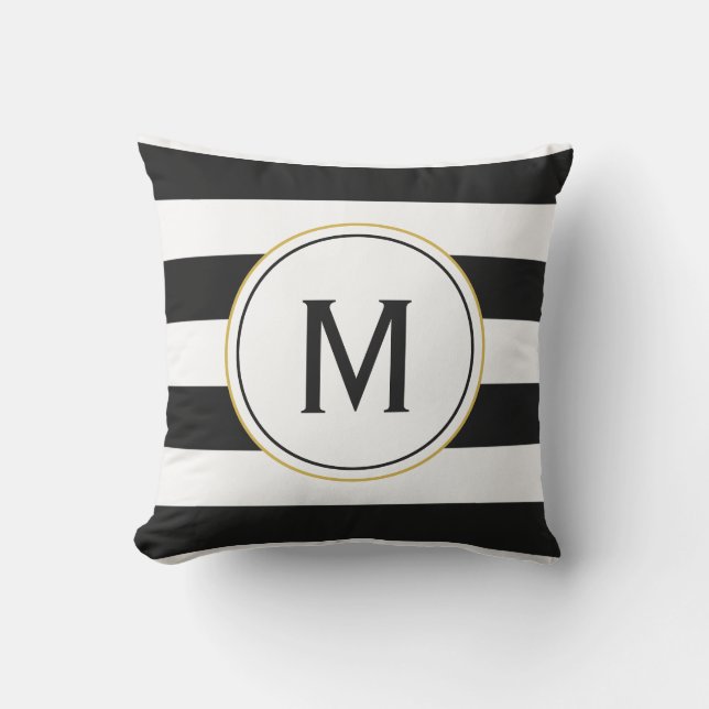 PersonligMonogram med svartvita randar Kudde (Framsida)