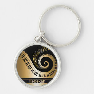 Personligpianot stämm guld- musik noter rund silverfärgad nyckelring