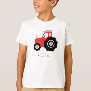 Personligpojke röda bonde traktor med namn tee shirt