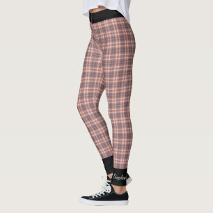 Personligrosa- och gråttpläd med svartklippning leggings