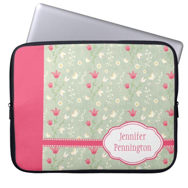 Personligrosagrönt blommar laptop sleeve (Framsidan)