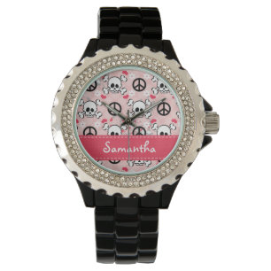 Personligshock rosa och svartskalle armbandsur