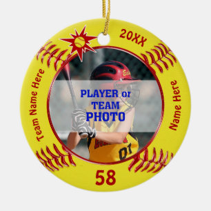 Personligsoftballprydnadar, ditt FOTO, TEXT Julgransprydnad Keramik