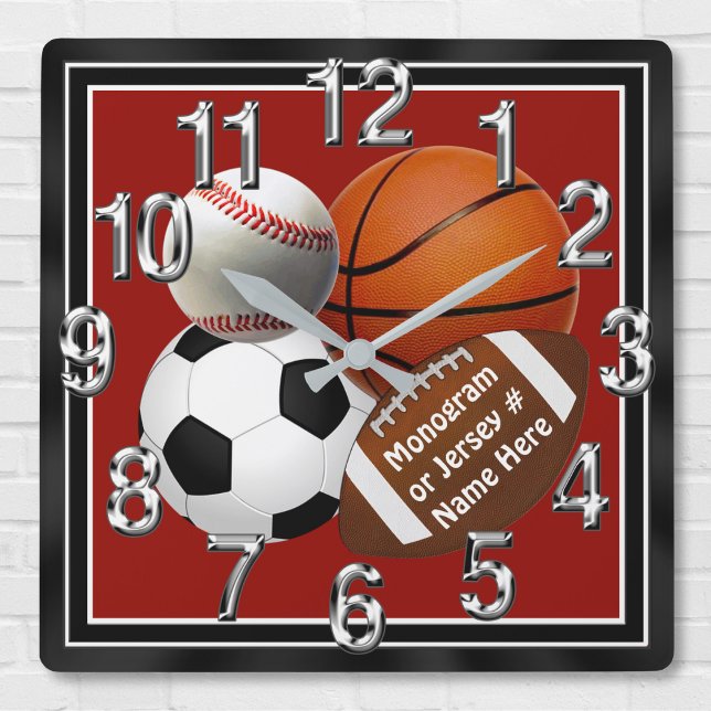 PERSONLIGsportväggen tar tid på din TEXT, FÄRGAR Fyrkantig Klocka (Sports bedroom decor. Sports wall clock with your Monogram, Jersey Number, Name or Your Text. Sports)