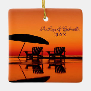 PersonligSunsetting strand med stolprydnaden Julgransprydnad Keramik