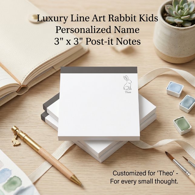 Personligt 3x3-block för barn | Minimalistisk linj Post-it Block (Quiet Luxury Rabbit Line Art Kids Personalized Post-it Notes 3x3 | Custom Name Back to School  )