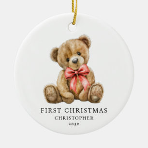 Personligt akvarell Teddy Bear Baby Första Julen Julgransprydnad Keramik