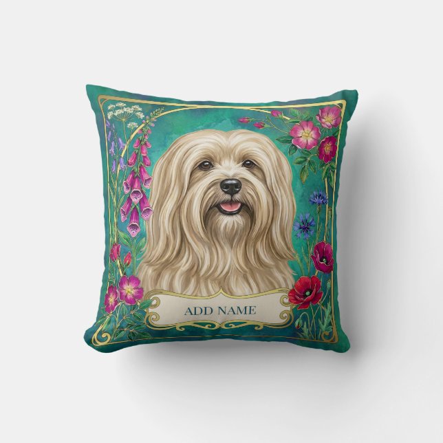 Personligt anpassad krämfärgad Lhasa Apso blommig  Kudde (Framsida)