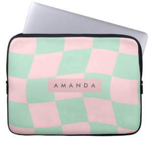 Personligt anpassad mintgrön och rosa schackrutig laptop fodral