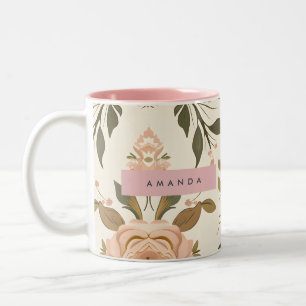 Personligt antikt rosa blommor Två-Tonad mugg