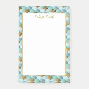 Personligt Aqua Teal Guld Fjäll på Havfrun Post-it Block