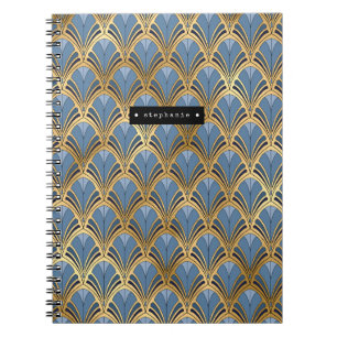 Personligt Art Deco-fläktmönster Blått Guld Anteckningsbok