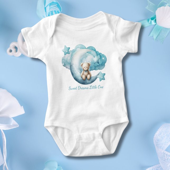 Personligt Babybjörn Månstjärna Moln Blå Pojke T Shirt (Personalized Blue Baby Bear Sitting on Moon with Stars and clouds. Baby shower gift baby boy)