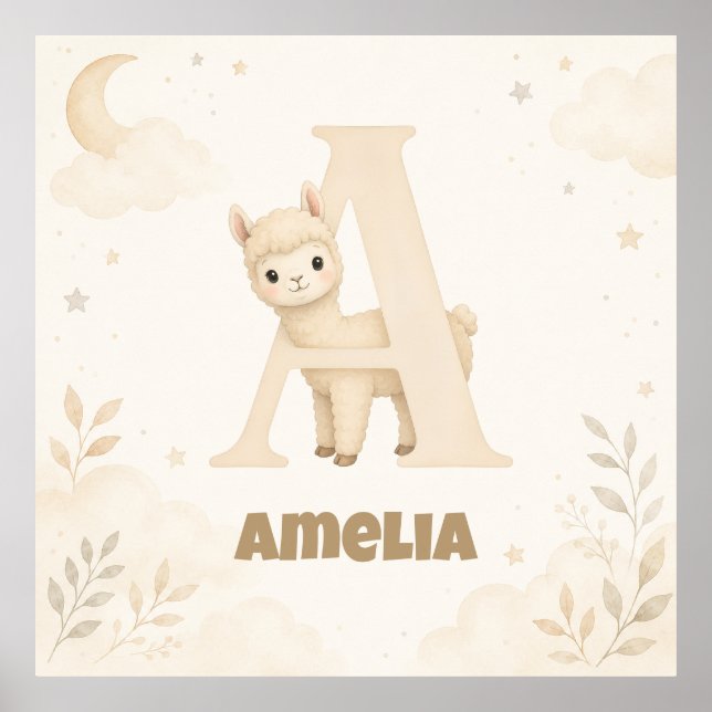 Personligt Babynamn Lama Bokstav A Poster (Framsidan)