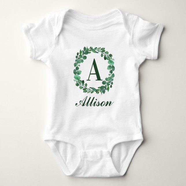 Personligt Babynamn Med Eukalyptus Vattenfärg T Shirt (Framsida)