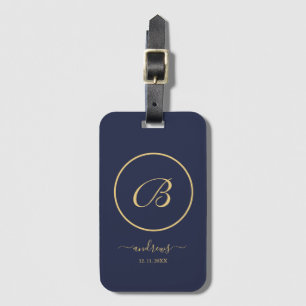 Personligt bagagetikett med signatur i Navy Gold Bagagebricka