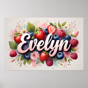 Personligt bärblommigt namnskylt "Evelyn" Poster