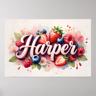 Personligt bärblommigt namnskylt "Harper" Poster