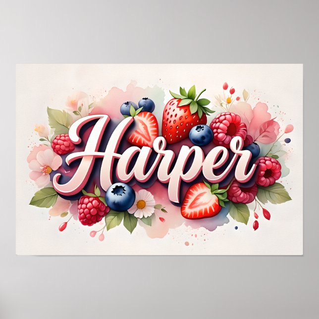 Personligt bärblommigt namnskylt "Harper" Poster (Framsidan)