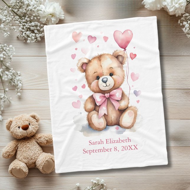 Personligt björn rosa rosett hjärtan babyflicka  fleecefilt (Teddy Bear with Pink bow and pink hearts watercolor baby blanket, birth stats, name birthday)