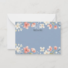 Personligt blå akvarellblommigt monogram anteckningskort