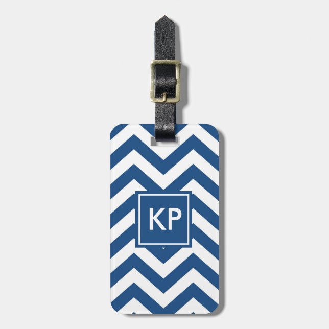 Personligt blåmönstrat bagagetikett med monogram bagagebricka (Vertikal Framsida)