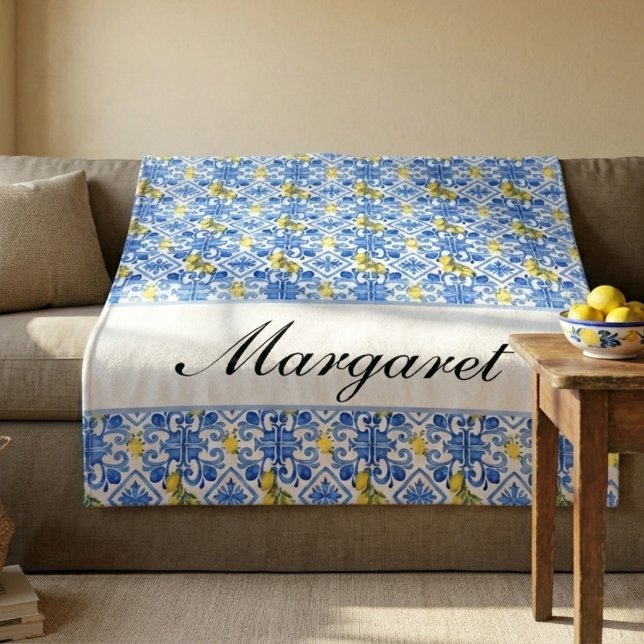 Personligt Blått Azulejo Akvarell Monogramnamn Fleecefilt (Skapare uppladdad)