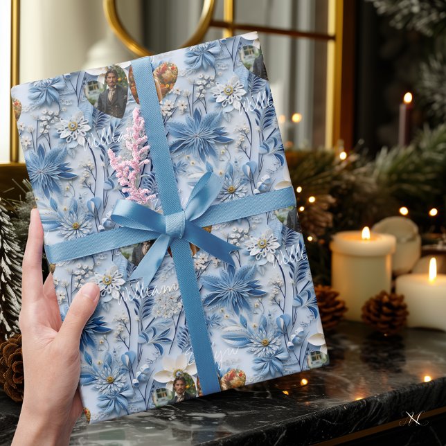 Personligt Blått Blommotiv med Bilder och Namn Presentpapper (Skapare uppladdad)