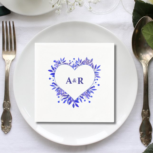 Personligt Blått Botaniskt Bröllopspapper Pappersservett (Personalized blue botanical paper napkins add fresh, elegant charm to wedding celebrations.)