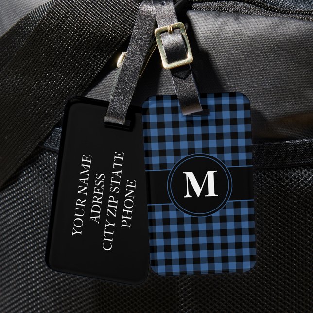 Personligt Blått Gingham-Monogram Bagagebricka (Monogram Blue And Black Gingham Pattern Luggage Tag)