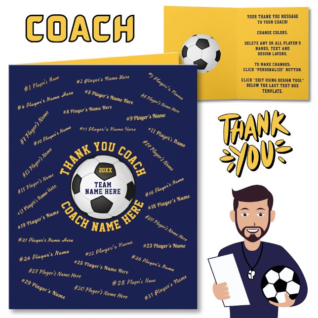 Personligt Blått, Tackkort till Fotbollstränare Kort (Soccer Coach Thank You Card. Cheap soccer coach gift ideas. Soccer coach card. )