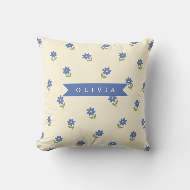 Personligt Blått Vildblommotiv Namn Present Kudde (Framsida)