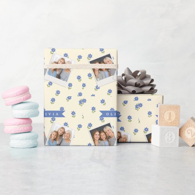 Personligt Blått Vildblommotiv Namn Present Presentpapper (Baby Shower)