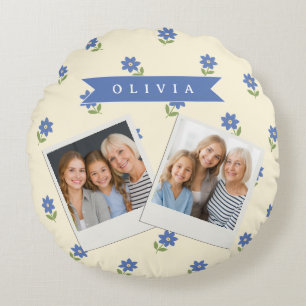 Personligt Blått Vildblommotiv Namn Present Rund Kudde