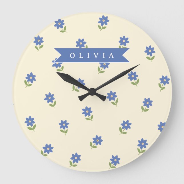 Personligt Blått Vildblommotiv Namn Present Stor Klocka (Framsida)