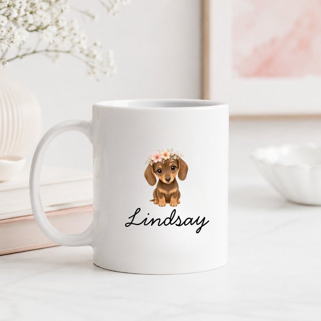 Personligt blomster Dachshund-valpnamn Kaffemugg (Personalized Floral Dachshund Puppy Name Coffee Mug with your Name or Quate)