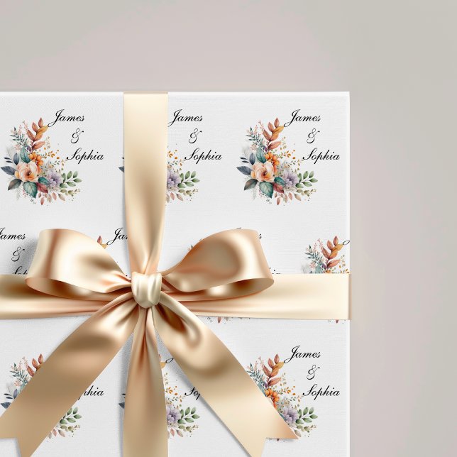 Personligt blomsterbröllop Presentpapper (Wedding Names Wrapping Paper, Engagement Gift Wrapping Paper, Bridal Shower Wrapping Paper)