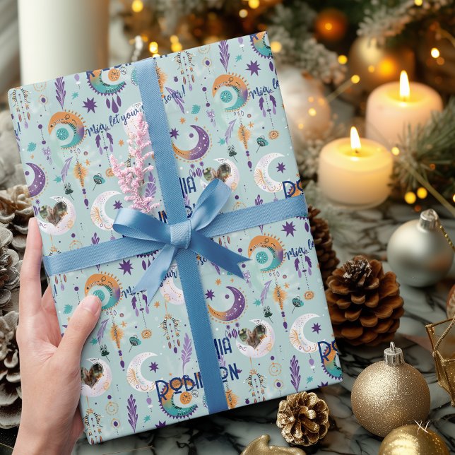 Personligt Boho Chic-giftförpackning med ljusblått Presentpapper (Skapare uppladdad)