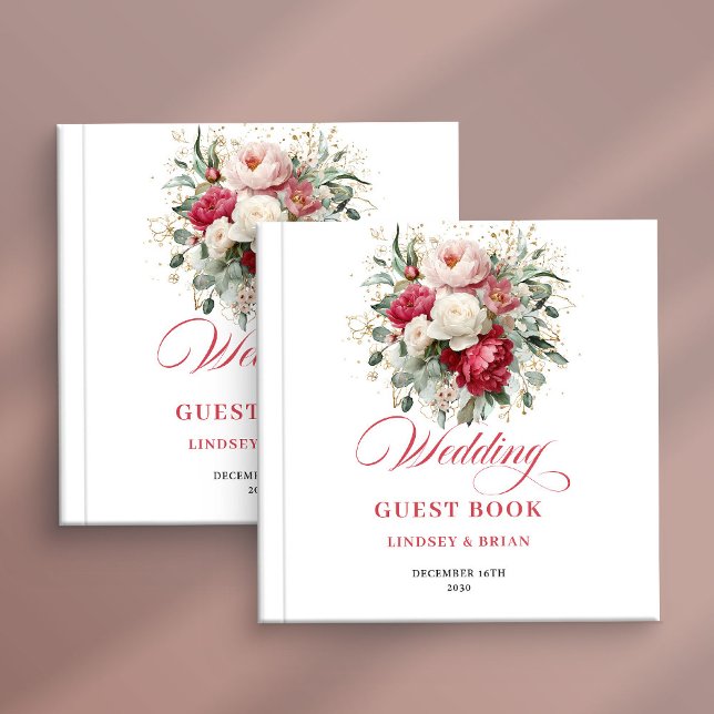 Personligt Boho Rött Vitt Blommigt Bröllopsgästbok Gästböcker (Personalized Boho Red White Floral Wedding Guest Book)