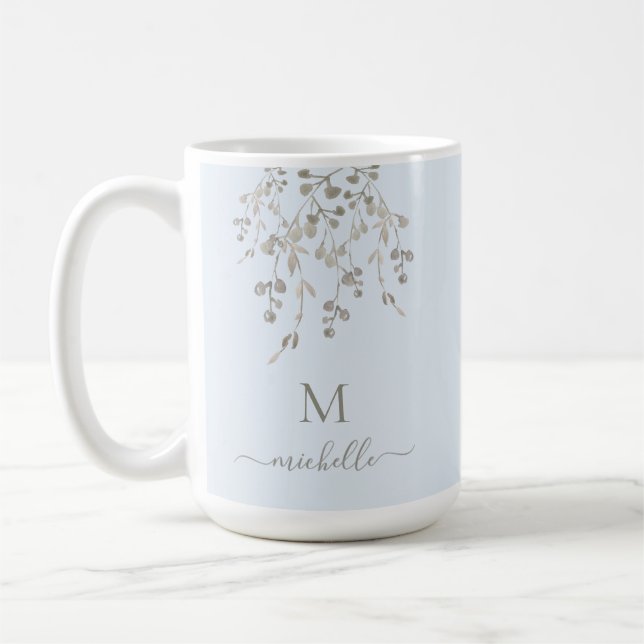 Personligt botaniskt akvarellmonogram Blå Kaffemugg (Vänster)