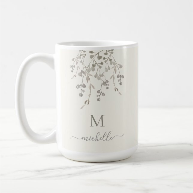 Personligt botaniskt akvarellmonogram elfenben kaffemugg (Vänster)