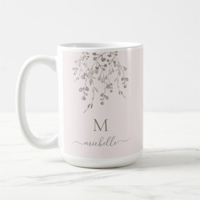 Personligt botaniskt akvarellmonogram rosa kaffemugg (Vänster)